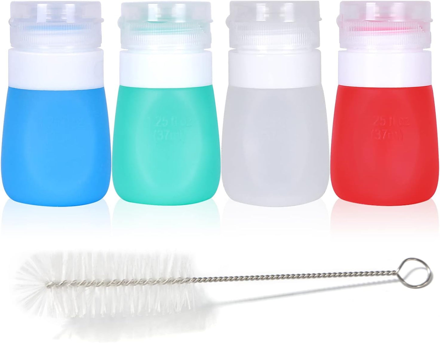 PuGez Salad Dressing Container to Go, Mini Food Condiment Portable Storage Squeeze Bottles for Ketchup/Sauces, Leak Proof, Leak-Resistant, 5 Pack with Cleaning Brush (1.3oz, 37ML)