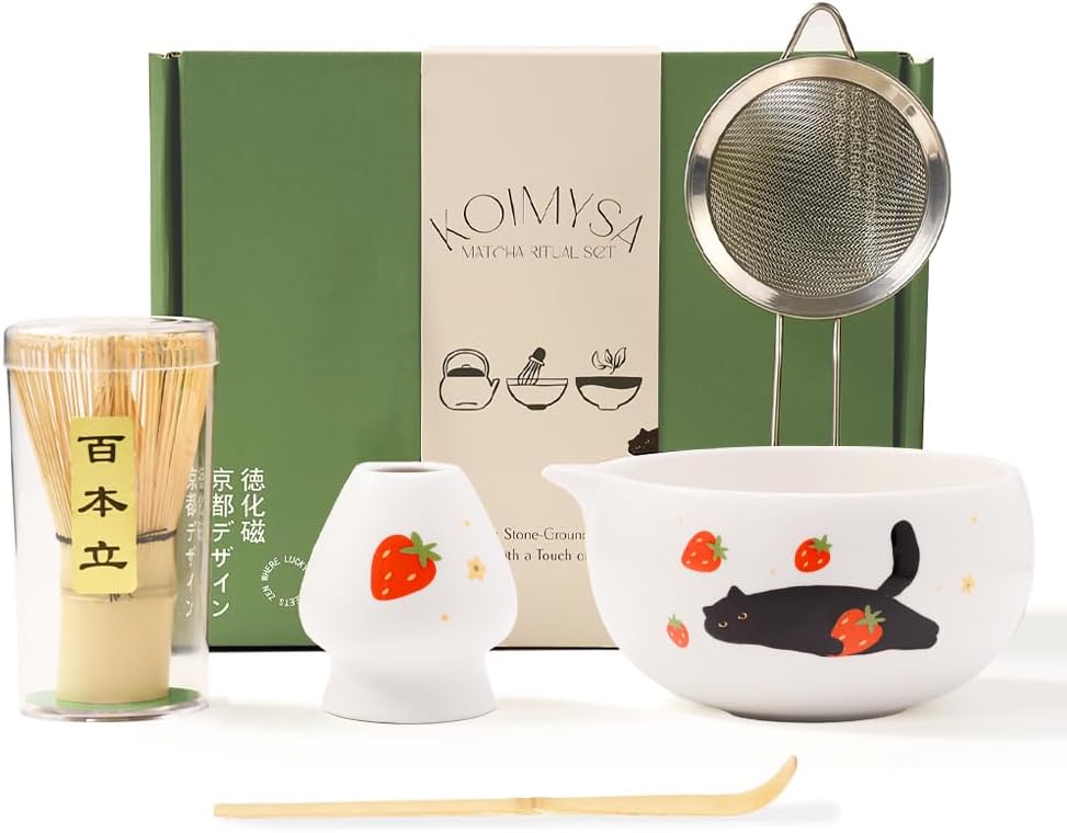 Matcha Whisk Set, 5 Pcs Traditional Japanese Matcha Whisk Preparation Kit, White Glossy Ceramic Bowl with Black Cat and Strawberry Pattern