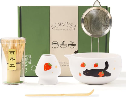 Matcha Whisk Set, 5 Pcs Traditional Japanese Matcha Whisk Preparation Kit, White Glossy Ceramic Bowl with Black Cat and Strawberry Pattern