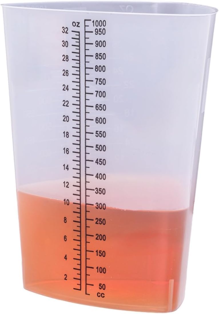 Vakly Plastic Graduated Triangular Intake Output Container [5 Pack] 32 ounce Three-Sided Translucent Laboratory Beaker for Measuring & Mixing - Clear Markings in oz & cc - for Specimen, Paint & Epoxy