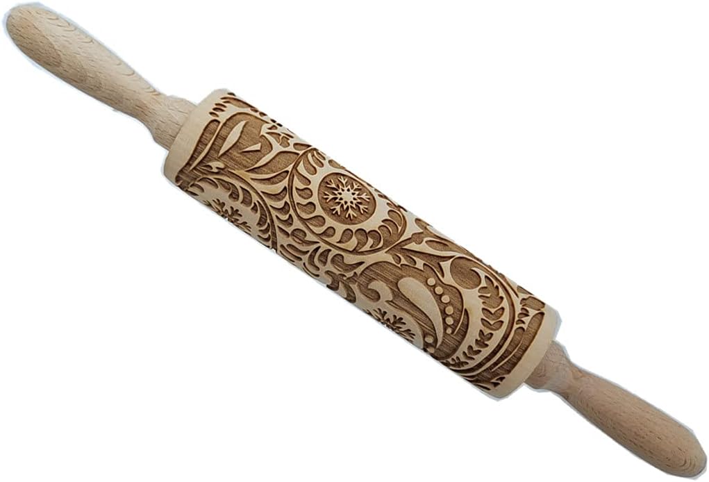 MIZORLIE 14.9"Paisley Engraved Embossed Rolling Pin, Christmas Snowflake Flower Pattern, Wooden Laser Engraved 3D Rolling Pin for Making Cookie Dough Crusts Pies Pastry