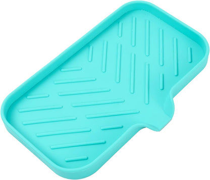 MicoYang Silicone Soap Dish with Drain Spout, Self-Draining Sink Organizer Tray for Bathroom and Kitchen, Sponges, Dispensers and Soap Holder, Non-Slip and Dishwasher Safe, Black (Compact, 4.9"×3.2")
