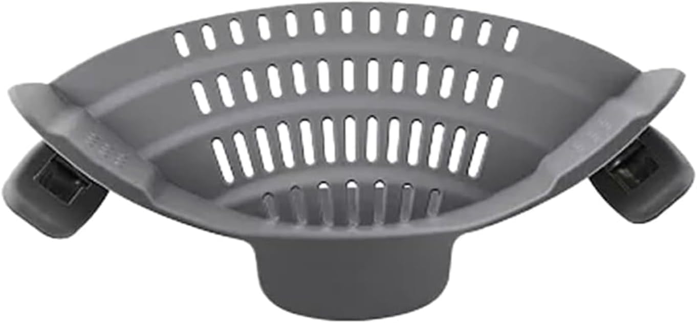 Clip‑On Pot Strainer Silicone Gray Dishwasher‑Safe Side‑Mount Design 9.4×4.6×2.5 Inches | Snap Drain Colander for Pans Bowls Skillets | Heat‑Resistant Kitchen Gadget Splash‑Guard