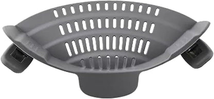 Clip‑On Pot Strainer Silicone Gray Dishwasher‑Safe Side‑Mount Design 9.4×4.6×2.5 Inches | Snap Drain Colander for Pans Bowls Skillets | Heat‑Resistant Kitchen Gadget Splash‑Guard