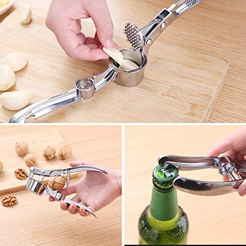 5-in-1 Stainless Steel Garlic Press, Multi-Function Kitchen Gadget with Mincer, Crusher, Bottle Opener, Pit Remover