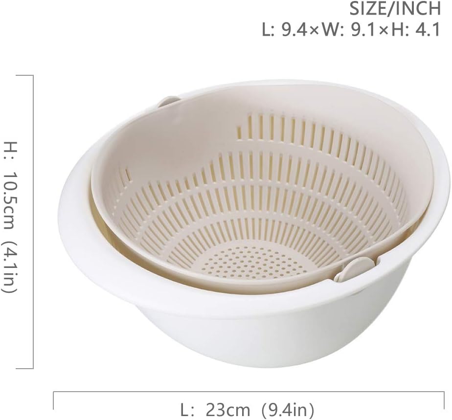 Double Layer Swivel Drainer 2 in 1 Bowl Strainer Combo - Kitchen Colander Fruit Wash Strainer for Cleaning Veggies, Noodles (Beige)
