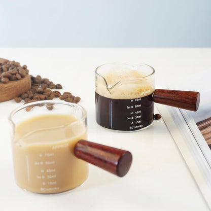 2 PCS Double Spouts Measuring Triple Pitcher Milk Cup with Wood Handle 75ML Espresso Shot Glasses Parts Clear Glass By BCnmviku