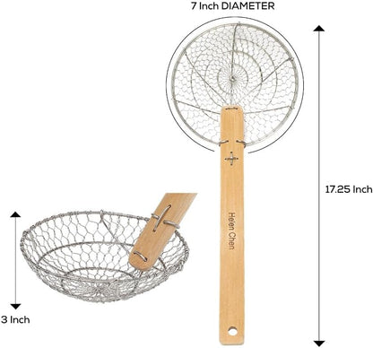 Helen's Asian Kitchen Spider Strainer, 5-Inch Stainless Steel Mesh Basket With Bamboo Handle, For Noodles, Dumplings, Wontons, Deep Frying, And Draining Tasks