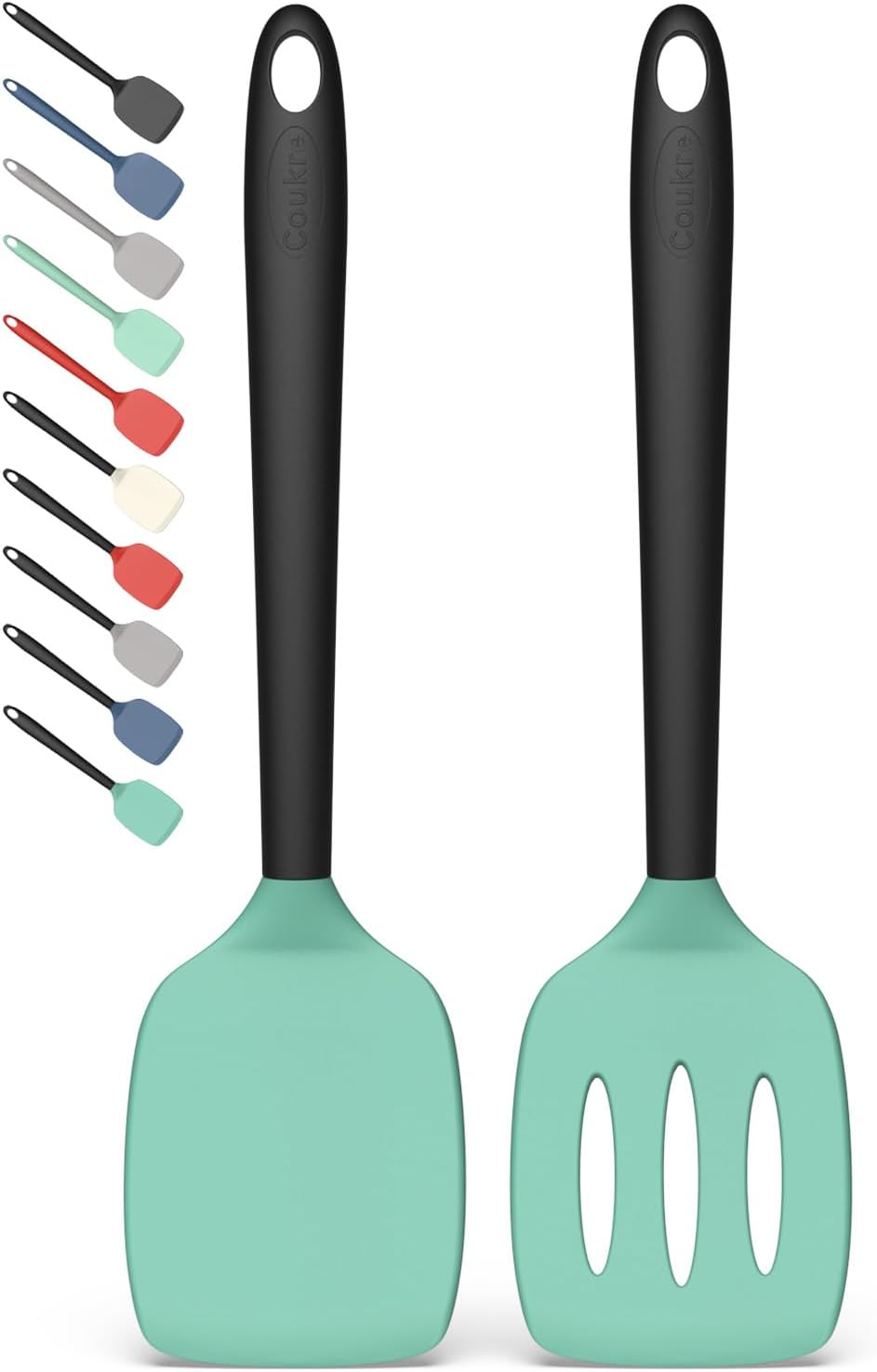 Coukre 2 Pack Silicone Spatula Set, High Heat Resistant, BPA Free Kitchen Spatula, Solid & Slotted Turner for Non-Stick Pans, Sautéing, and Flipping (2, PureBlack)