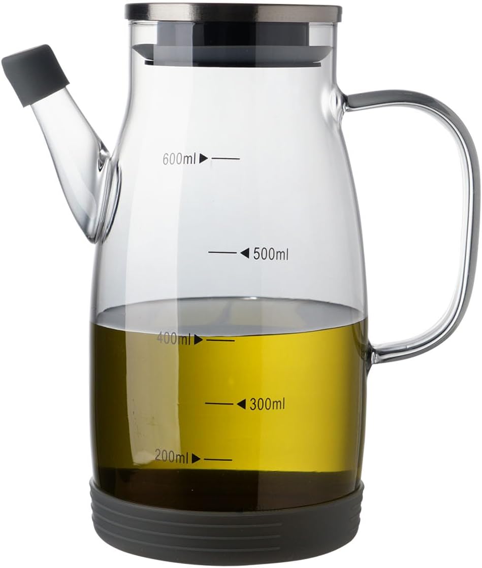 Large Glass Oil Dispenser Bottle for Kitchen Cooking Recipiente Para Aceite De Cocina Olive Oil Vinegar Dispenser Cruet Stainless Steel Lid No Drip Liquid Container (Clear, 34oz /1000ml)