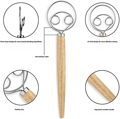 2 Pack Danish Dough Whisk 13inch Stainless Steel Wooden Handle Bread Hand Mixer for Sourdough Pizza Bread Baking Kitchen Whisking Mixing Tools