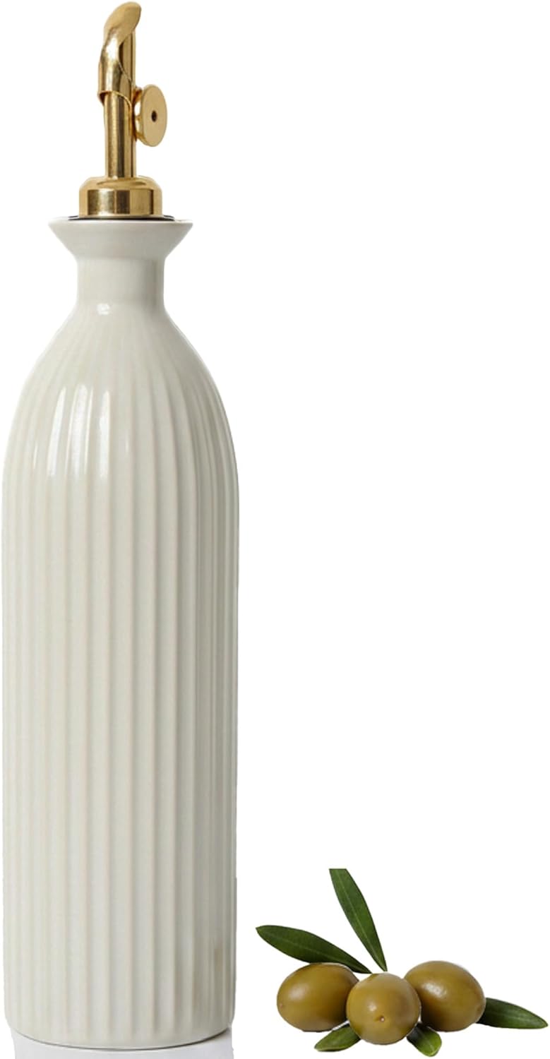 17 oz Ceramic Olive Oil Bottle Dispenser for kitchen with Stainless Automatic Spout, Stoneware 500ml Oil, Vinegar, Soy Sauce, Coffee Syrup, and Liquids container - Deep Gray-Blue