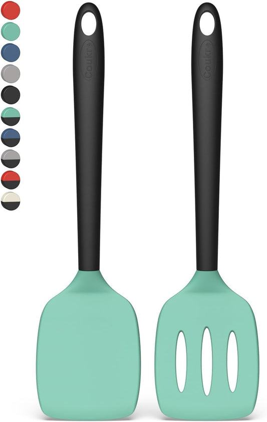Coukre 2 Pack Silicone Spatula Set, High Heat Resistant, BPA Free Kitchen Spatula, Solid & Slotted Turner for Non-Stick Pans, Sautéing, and Flipping (2, PureBlack)