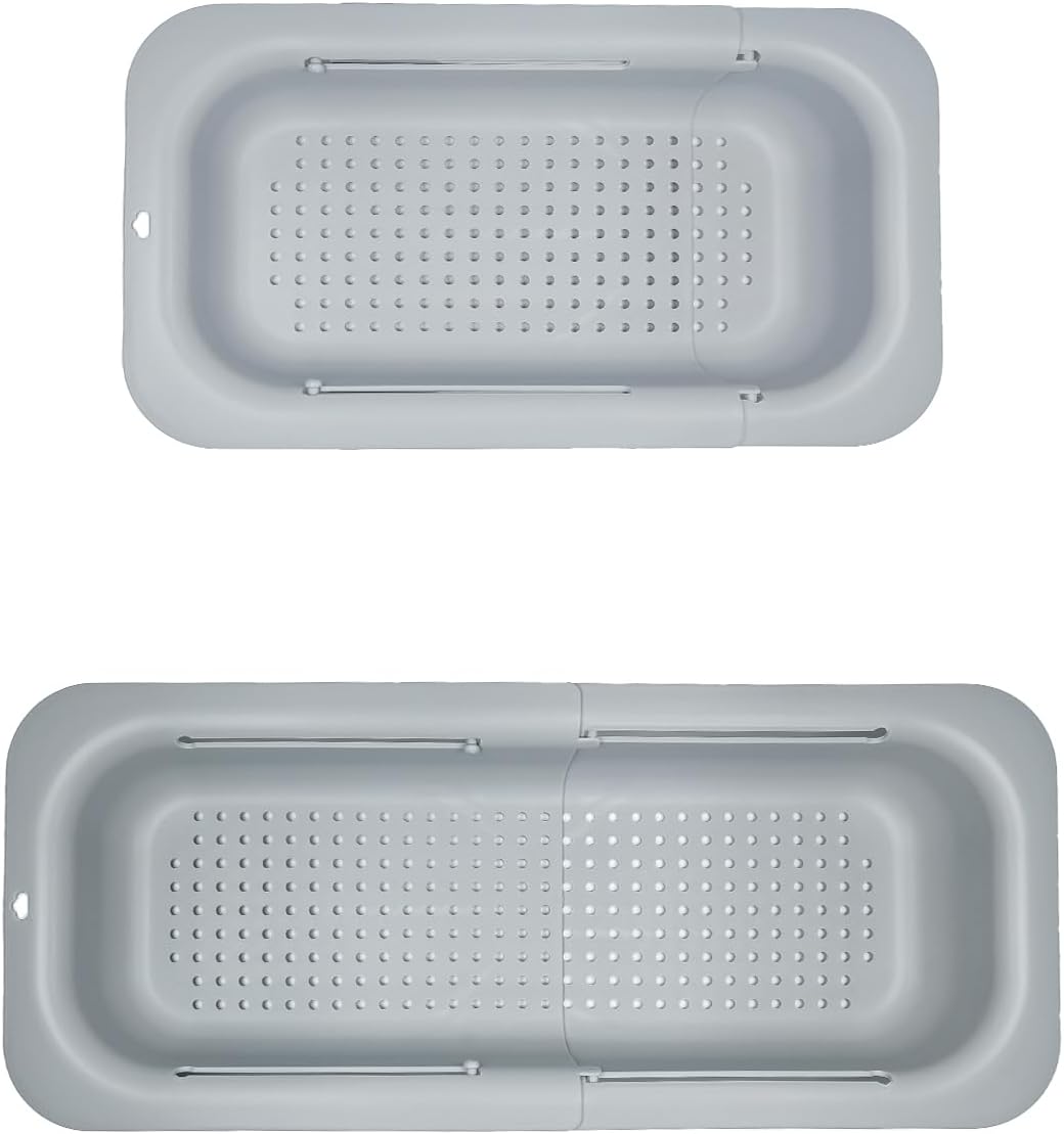 Extendable Over the Sink Colander Strainer Basket SpaceSaving Plastic Kitchen Drainer for Washing Vegetables Fruits Draining Pasta Dish Rack NonSlip Design Hanging New Home Kitchen Essentials Gray