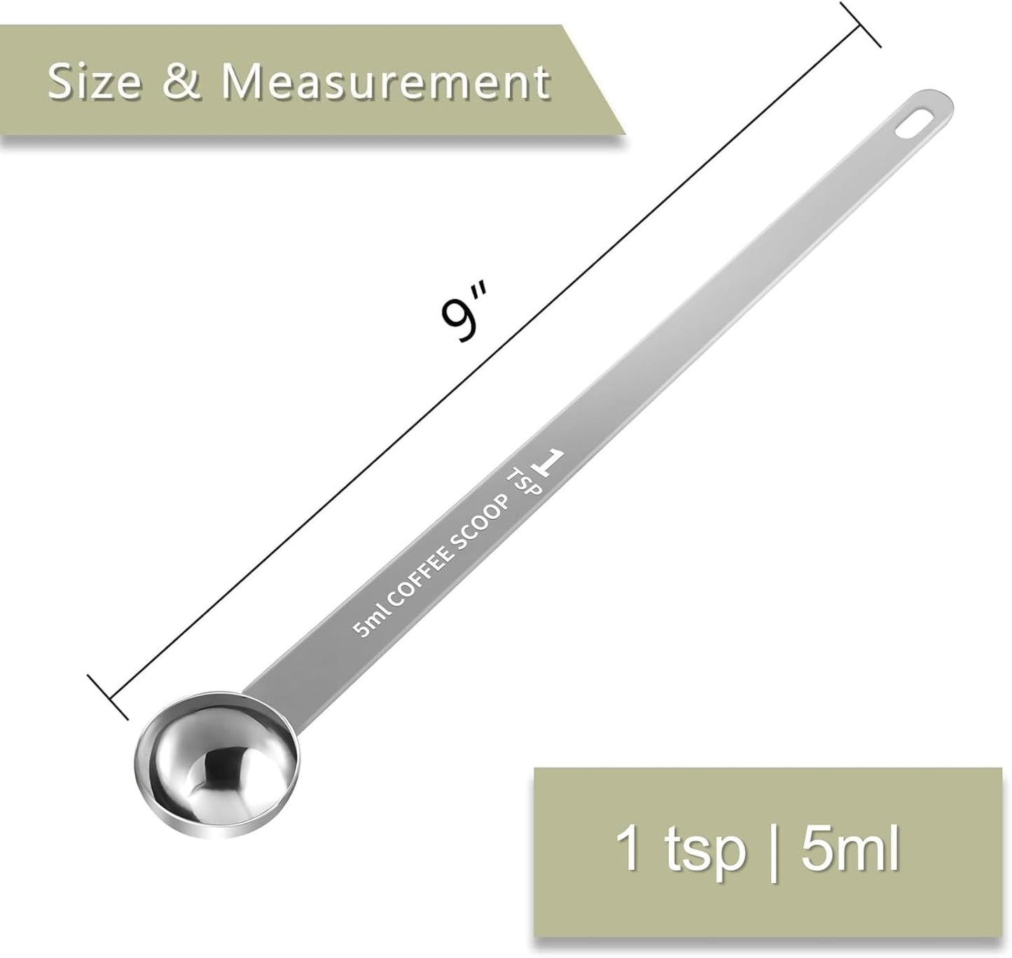 LEIFENY 1PCS 1 Teaspoon Coffee Scoop, 9" Long Handle Measuring Spoon, 1tsp (5 ml) Stainless Steel Scooper