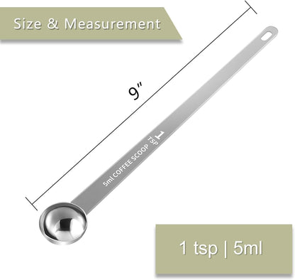 LEIFENY 1PCS 1 Teaspoon Coffee Scoop, 9" Long Handle Measuring Spoon, 1tsp (5 ml) Stainless Steel Scooper