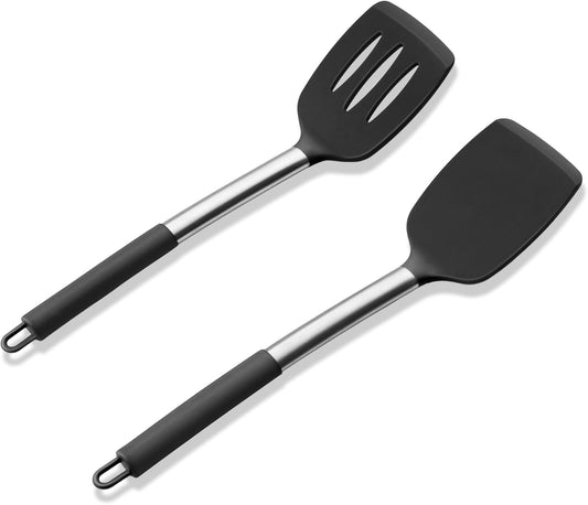 E-far Cooking Utensils Set of 4, Silicone Kitchen Utensils for Non-stick Cookware, Heat Resistant & Non-toxic Slotted Spatula Solid Spoon Turner for Flipping Mixing Serving Basting(Black)