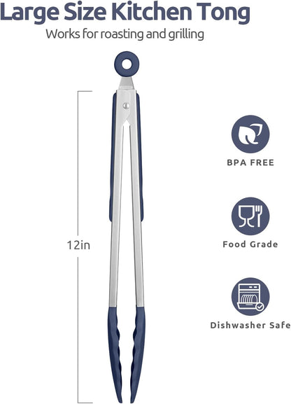 600ºF Heat Resistant Kitchen Tongs: U-Taste 9 inch Silicone Cooking Tong with Firm Sealed Non Stick Rubber Tips & Silicon Coated 18/8 Stainless Steel Handle & Smooth Locking for Serving Salad (Black)
