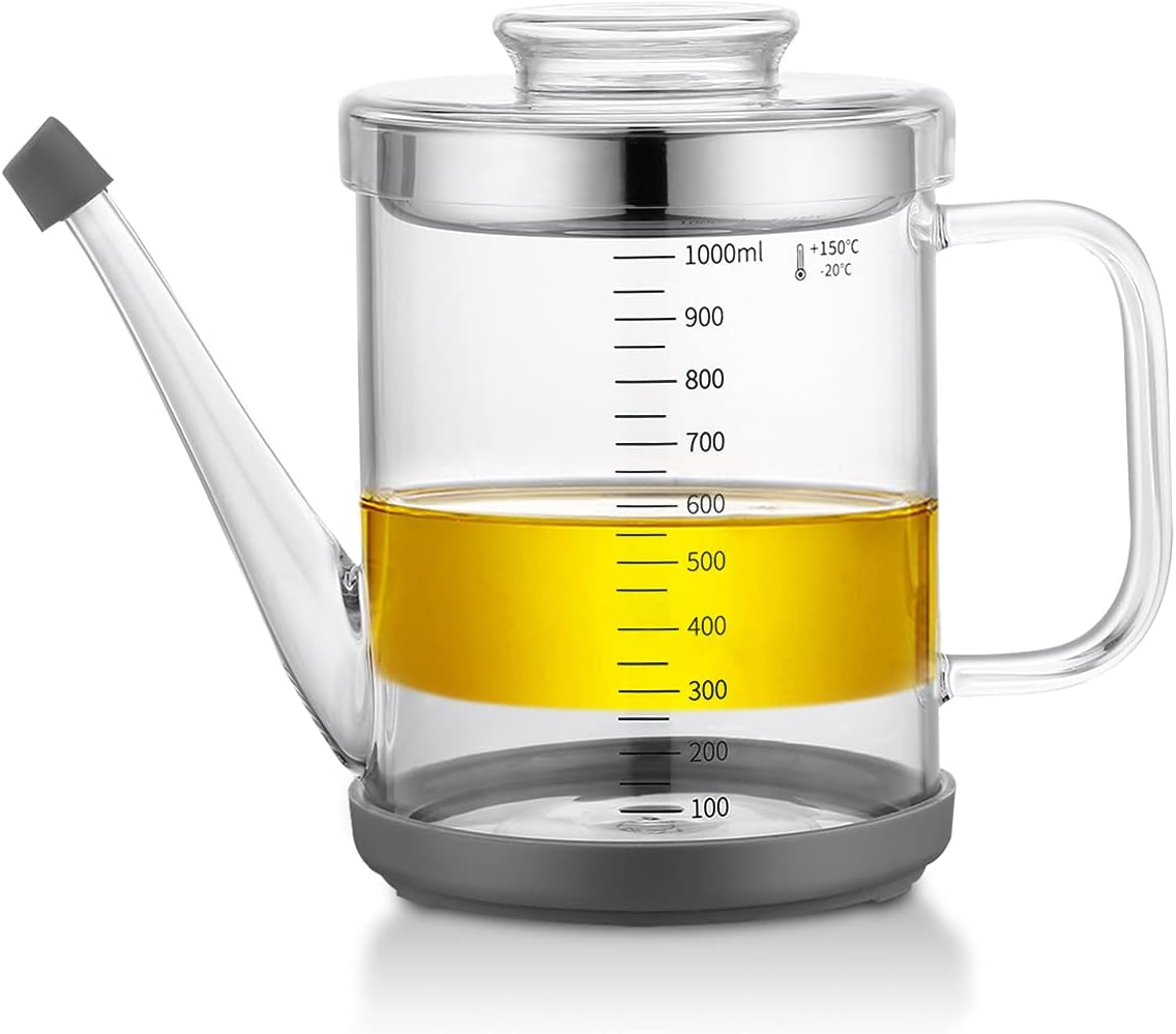 Gravy Fat Separator,1000ML Transparent Heat Resistant Glassware and Cover,with Stainless Steel Strainer,Silicone Bottom Cover and Stopper,
