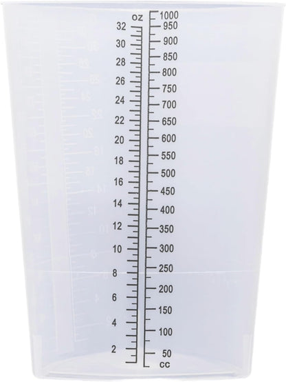 Vakly Plastic Graduated Triangular Intake Output Container [5 Pack] 32 ounce Three-Sided Translucent Laboratory Beaker for Measuring & Mixing - Clear Markings in oz & cc - for Specimen, Paint & Epoxy