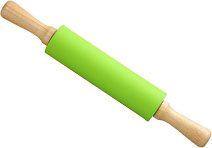 Silicone Rolling Pin, Green 9 Inch Pin with Wooden Rotatable Handle for Dough of Baking Bread, Cookie, Pizza (green, 9 inch)