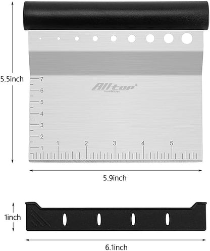 ALLTOP Dough Bench Scraper/Cutter/Chopper Stainless Steel Blade with Herb Stripper,Multipurpose Kitchen Pastry Tool with Scale Ruler - Leaf Remover - 1 Pack