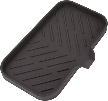 MicoYang Silicone Soap Dish with Drain Spout, Self-Draining Sink Organizer Tray for Bathroom and Kitchen, Sponges, Dispensers and Soap Holder, Non-Slip and Dishwasher Safe, Black (Compact, 4.9"×3.2")