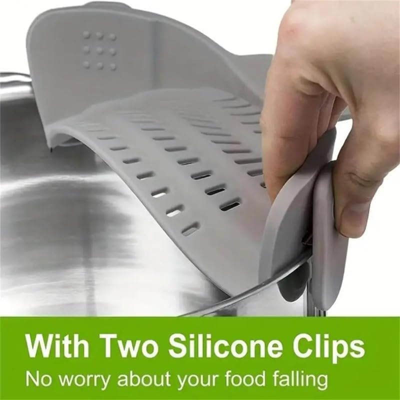 Silicone Clip On Strainer for Pots and Pans - Heat Resistant, Food, Noodle, Meat, Fruits, Vegetables and Pasta Strainer - Versatile Kitchen Gadget (Gray)