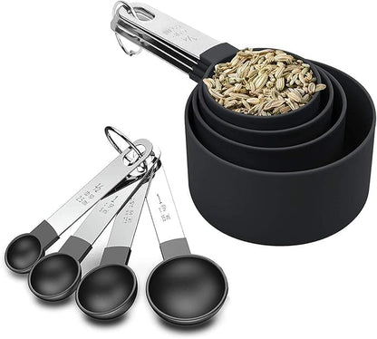 Plastic Measuring Cup & Spoon Set – 8-Piece with Stainless Steel Handles, Stackable, for Baking & Cooking