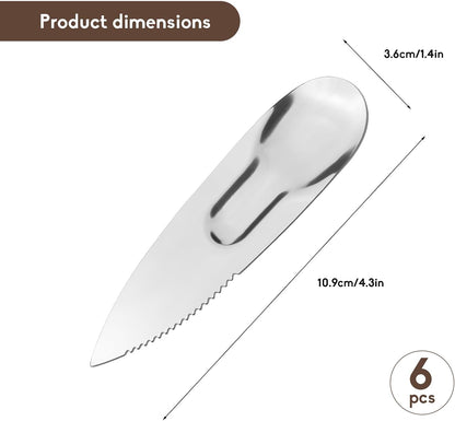 6pcs Stainless Steel Kiwi Knife and Spoon, 2-in-1 Flexible Kiwi Peeler and Fruit Scoop Tool, Multipurpose Mango Slicer and Avocado Cutter for Kitchen and Travel, Silver