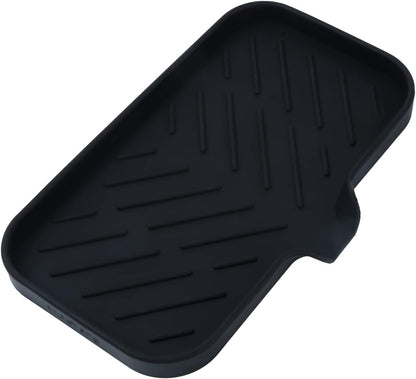 MicoYang Silicone Soap Dish with Drain Spout, Self-Draining Sink Organizer Tray for Bathroom and Kitchen, Sponges, Dispensers and Soap Holder, Non-Slip and Dishwasher Safe, Black (Compact, 4.9"×3.2")