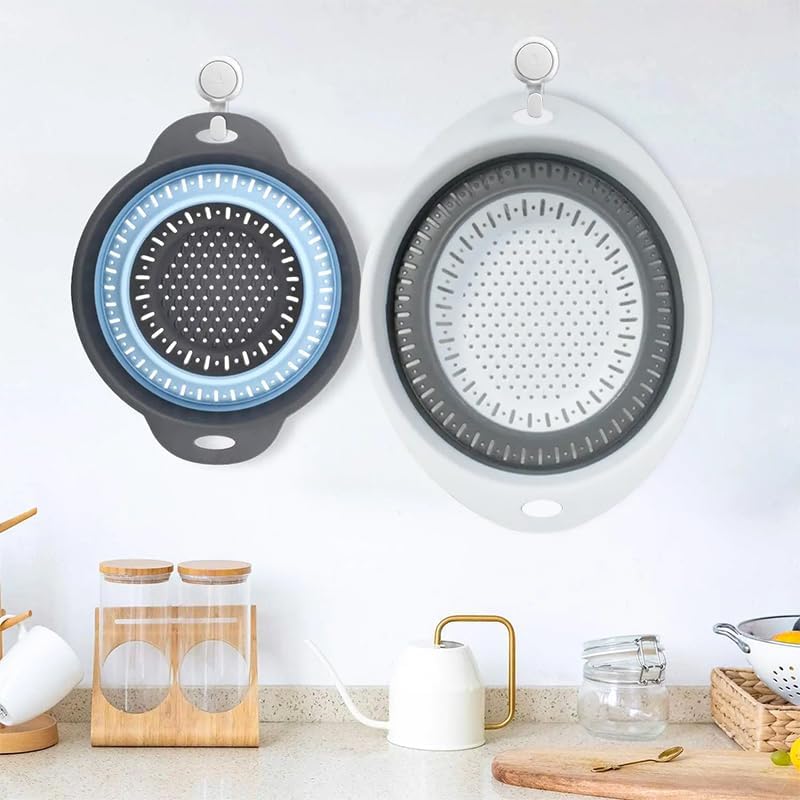 Collapsible Colander Set, Square Round Triangles Silicone Kitchen Strainer Perfect for Draining Pasta Vegetable fruit 2 PCS (10.8"L x 8.6"W x 2"H, Blue & Gray)