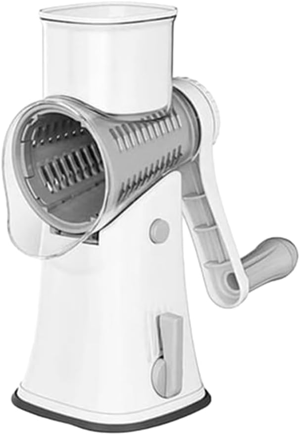 Sakerplus 5 in 1 Rotary Cheese Grater Shredder with Handle, Hand Crank Manual Vegetable Slicer & Drum Grater for Cheese, Potatoes, Nuts, Salad, Dishwasher Safe Blades (1, White)