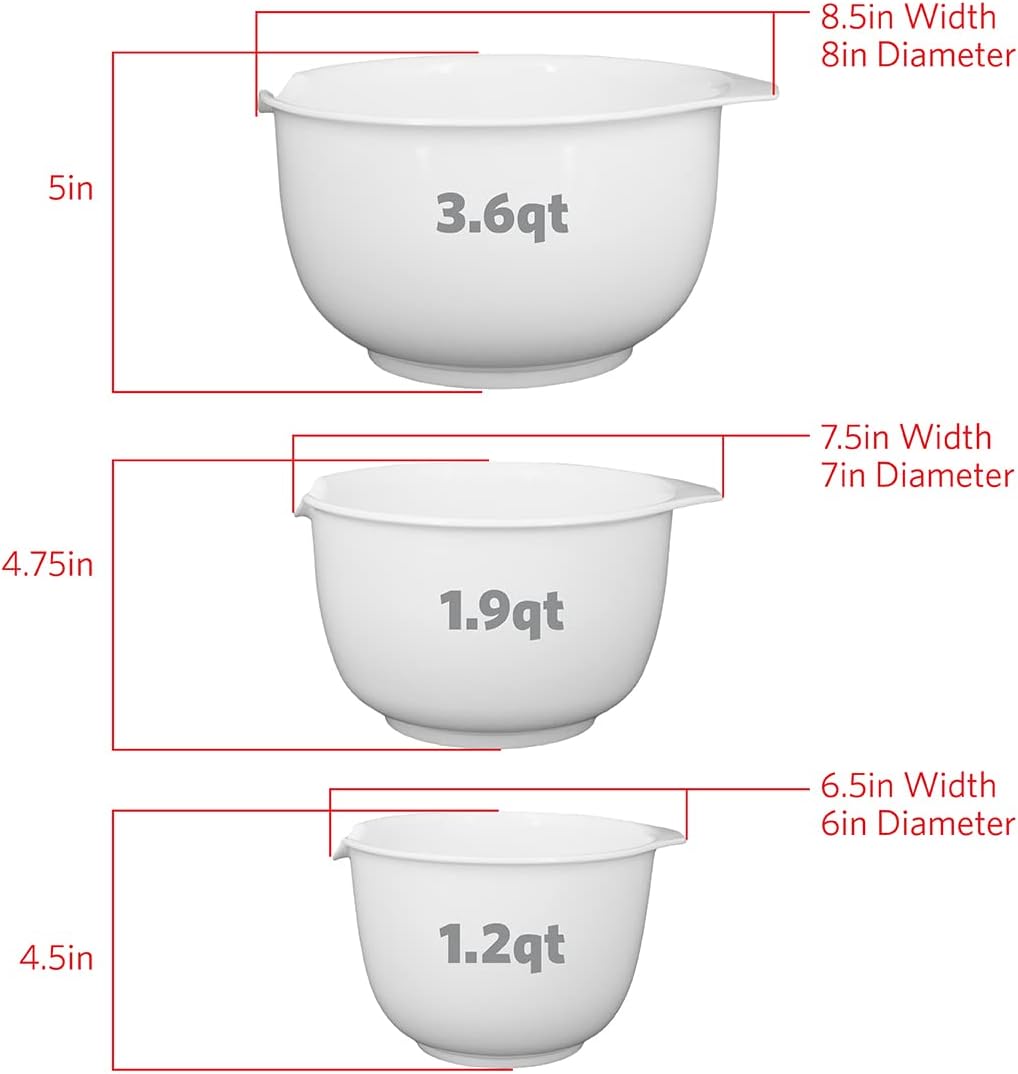Glad Mixing Bowls with Pour Spout, Set of 4 - Nesting Plastic Bowls (1.2qt, 1.9qt, 2.8qt, and 3qt with Handle) - Non Slip Base, Dishwasher Safe Kitchen Cooking and Baking Supplies, Grey