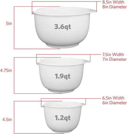 Glad Mixing Bowls with Pour Spout, Set of 4 - Nesting Plastic Bowls (1.2qt, 1.9qt, 2.8qt, and 3qt with Handle) - Non Slip Base, Dishwasher Safe Kitchen Cooking and Baking Supplies, Grey