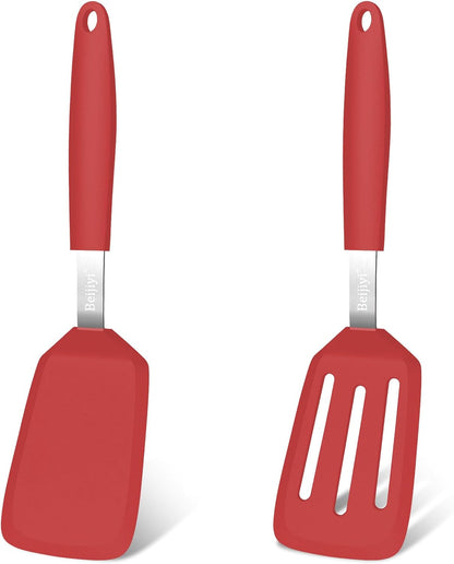 Beijiyi 2 Pack Silicone Spatula Set, 600°F Heat Resistant Spatulas for Cooking, BPA Free Kitchen Utensils, Solid & Slotted Flexible Turner for Non Stick Frying Pan, Flipping Eggs, Pancakes (Black)
