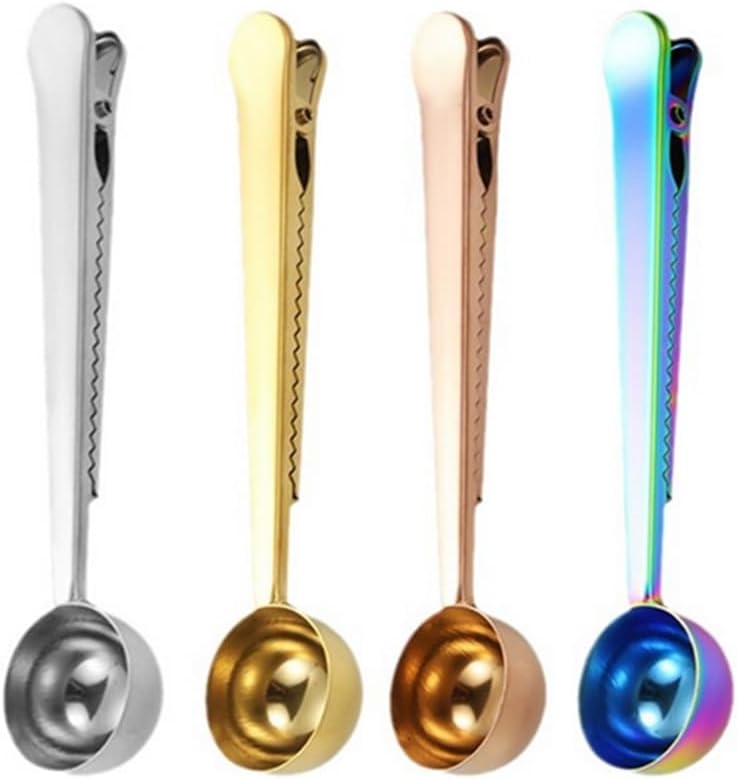 4 Pack Coffee Scoop Clip,6 3/4 inch Long Handle Coffee Measuring Spoon,15 ml Stainless Steel Scoop with Bag Clip for Coffee,Tea,Sugar,Flour,Protein Powder, Instant Drinks and More (4, Multicolor)