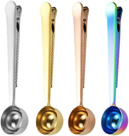 4 Pack Coffee Scoop Clip,6 3/4 inch Long Handle Coffee Measuring Spoon,15 ml Stainless Steel Scoop with Bag Clip for Coffee,Tea,Sugar,Flour,Protein Powder, Instant Drinks and More (4, Multicolor)