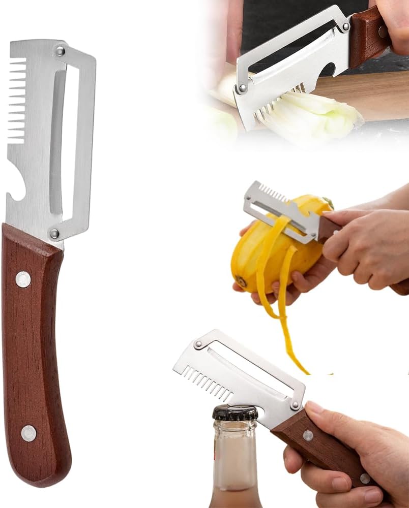 2026 Upgrade Multi-functional Vegetable Peeler, 3 in 1 Ktchen Multi-function Stainless Steel Thickened Fruit Peeler Knife with Wooden Handle, Suitable for Peeling Fruits and Shredding Scallions (2Pcs)