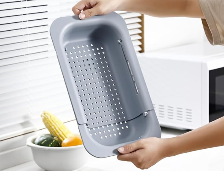Expandable Over Sink Strainer for Kitchen Sink, Adjustable Sink Colander Basket, Kitchen Sink Strainer for Washing Fruits, Vegetables, Dishes & Utensils, Space Saving Drain Basket, Gray