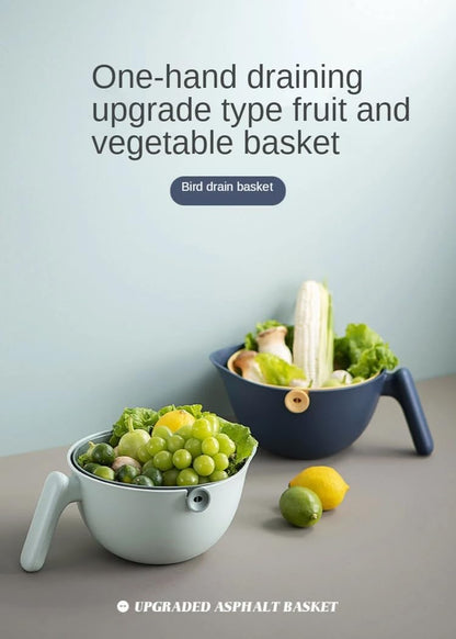 2 in 1 Kitchen Colander Rotating Washing Basket with Handle 2-Qt for Fruits Vegetables Pasta Noodles Washing Basket, BPA Free Plastic, Double-Layer, Detachable