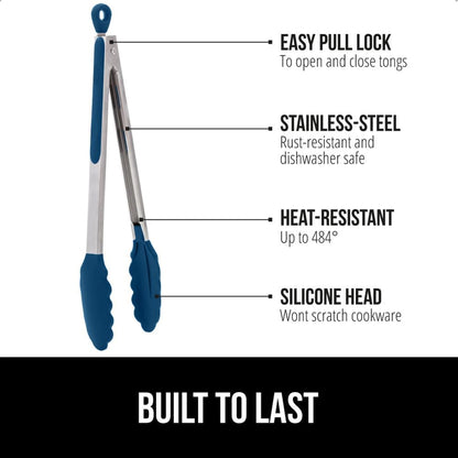 GORILLA GRIP Stainless Steel Heat Resistant Kitchen Tongs for Cooking, Set of 2 BBQ Tong, Non Scratch Silicone Tip for Pans, Strong Grip, Grab Food, Toss Salad, Air Fryer, Pull Lock, 7 + 9 Inch, Black