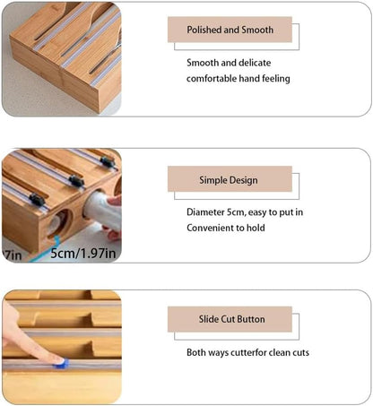 3 in 1 Plastic Wrap Dispenser with Cutter and Labels, Foil and Plastic Wrap Organizer, Aluminum Foil Organization and Storage, Foil Organizer for Drawer, Bamboo Aluminum foil Holder for 12.5"Roll Wrap