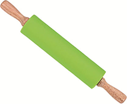 Silicone Rolling Pin, Green 9 Inch Pin with Wooden Rotatable Handle for Dough of Baking Bread, Cookie, Pizza (green, 9 inch)