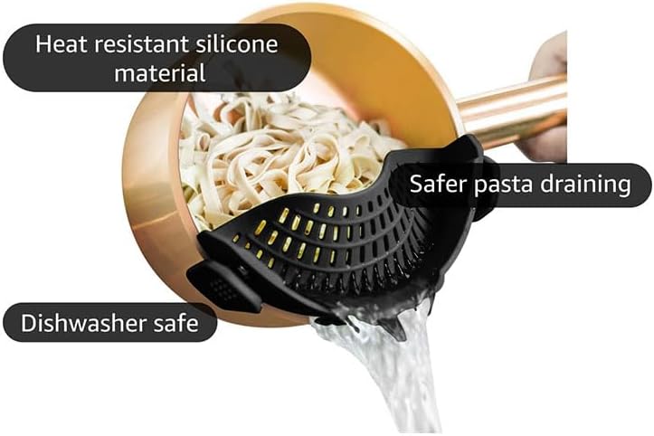 Clip On Strainer Silicone for all Pots and Pans, Silicone Strainer for Pasta and Food Colander for Meat Vegetables Fruit Silicone Kitchen Colander-Black