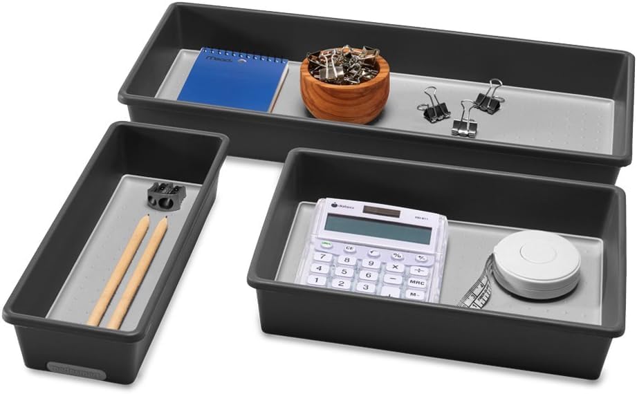 madesmart 3 Bin Drawer Organizer Set, Multi Purpose Storage for Utensils, Office & Bathroom, Organizer for Cutlery, Peeling Tools, Spatulas, Soft Grip Lining & Non Slip Feet, Granite