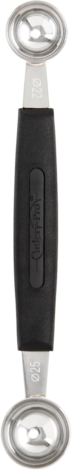 Cat Cora Melon Baller, Professional 18/8 Stainless Steel Dual Blades 10/15-Millimeter for Melon Balls and Garnishes, Ergonomic Soft-Grip Handle