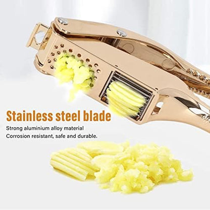 Gold Garlic Press 3 in 1 Heavy Duty Garlic Mincer Easy Squeeze Aluminium Alloy Multipurpose Garlic Crusher for Kitchen