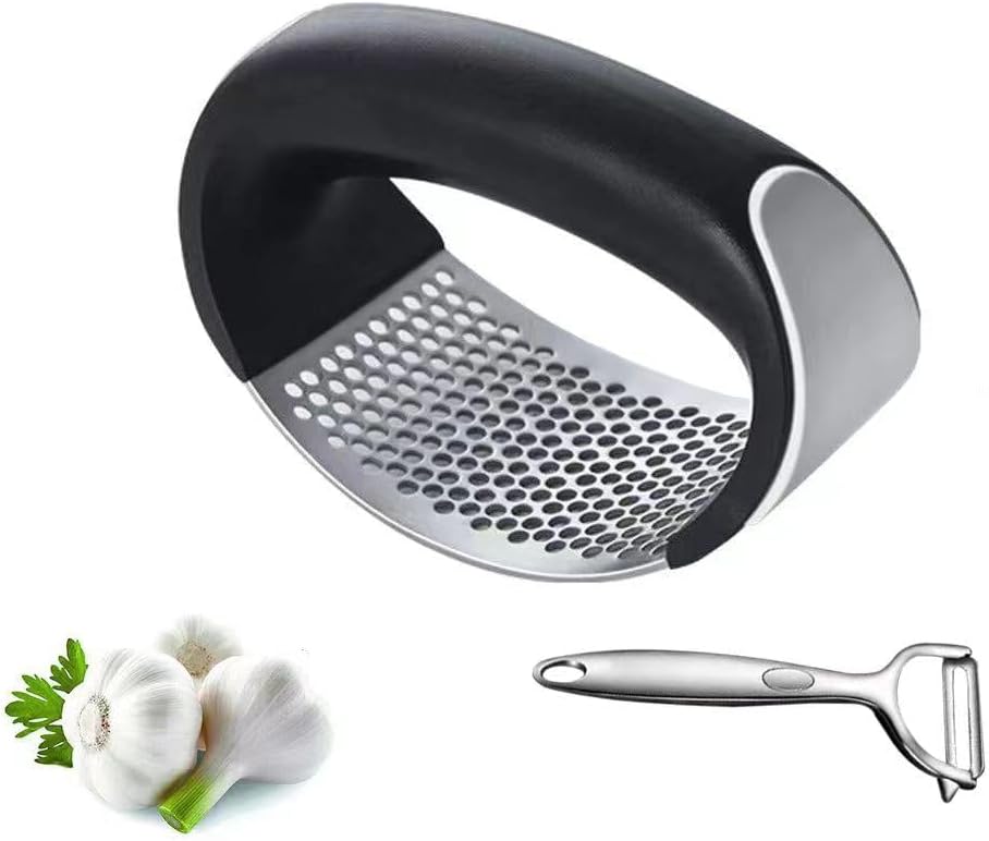 Garlic Press Rocker Stainless Steel Garlic Crusher, Mincer and Chopper with Peeler and Scraper,brush, Easy Kitchen Gadget for Effortless Smashing