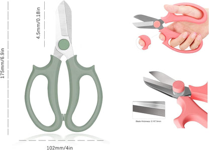 Leize Flower Scissors, Premium Thickened Stainless Steel Floral Shears, Strong Pruner for Flowers, Branches and Leaves (Grey Green Slender)